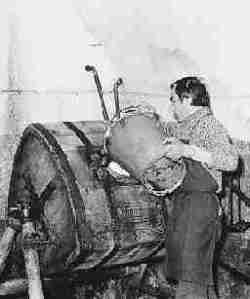 Il casaro versa la panna nella zangola