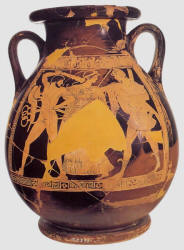 La disputa tra Appolo e Ercole per il tripode. Pelike attica(tipo di anfora greca con corpo rigonfio nella parte inferiore, usato nella ceramica attica dal 6° al 4° sec. a. C.) a figure rosse, Museo Nazionale Etrusco di Villa Giulia, Roma